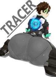 1girl alternate_color ass ass_focus blush bodysuit bomber_jacket bouzon brown_eyes brown_hair cameltoe character_name embarrassed from_behind glowing goggles highres huge_ass jacket looking_at_viewer looking_back overwatch overwatch_1 pantylines patch shiny_clothes short_hair simple_background sitting skin_tight sleeves_rolled_up solo tracer_(overwatch) trefoil union_jack wariza wavy_mouth white_background rating:Questionable score:7 user:armorcrystal