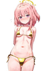  1girl absurdres arms_behind_back bikini blue_archive breasts commentary_request flygombal gold_bikini halo highres loli looking_at_viewer micro_bikini navel pink_eyes pink_hair serina_(blue_archive) short_hair side-tie_bikini_bottom simple_background small_breasts stomach swimsuit white_background yellow_halo  rating:Questionable score:9 user:danbooru