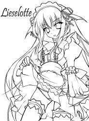  00s 11eyes 1girl absurdres clothes_lift dress dress_lift headdress highres lisette_vertorre maid monochrome panties smile solo tongue tongue_out underwear vector_trace white_hair  rating:Questionable score:3 user:Liselotte