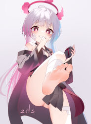 1girl ass bare_shoulders barefoot bell blue_archive bright_pupils detached_sleeves female_focus flat_chest foot_focus gauze gauze_on_cheek gradient_background grey_hair grey_sleeves grin halo highres japanese_clothes jingle_bell loli long_hair looking_at_viewer red_eyes red_halo sakutaishi shuro_(blue_archive) smile soles solo toes white_pupils rating:Sensitive score:111 user:danbooru
