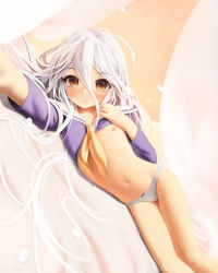 1girl blush bow bow_panties brown_eyes closed_mouth clothes_lift commentary crumbles dutch_angle english_commentary flat_chest hair_spread_out hand_up highres legs_together lifted_by_self loli long_hair long_sleeves looking_at_viewer lying navel neckerchief nipples no_game_no_life on_side panties purple_shirt sailor_collar school_uniform selfie serafuku shiro_(no_game_no_life) shirt shirt_lift solo striped_clothes striped_panties underwear very_long_hair white_hair white_sailor_collar yellow_neckerchief rating:Questionable score:303 user:danbooru