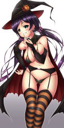 1girl absurdres bat_panties black_bra black_cape black_gloves black_headwear black_panties black_thighhighs blush bra breasts bridal_gauntlets cape cleavage earrings fang garter_belt garter_straps gloves gradient_background green_eyes grey_background grin halloween hand_on_own_hip hat highres jack-o&#039;-lantern jewelry jk-ff large_breasts long_hair looking_at_viewer love_live! love_live!_school_idol_project low_twintails navel orange_thighhighs panties pumpkin purple_hair red_cape scrunchie smile standing striped_clothes striped_thighhighs teeth thighhighs tojo_nozomi twintails two-tone_background underwear white_background witch witch_hat