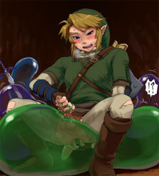  !? 1boy anal anus bad_id bad_pixiv_id blonde_hair blush boots breath brown_footwear chuchu_(zelda) handjob hat jelly_balloon knee_boots link looking_down male_focus male_masturbation male_penetrated master_sword masturbation nintendo open_mouth pantyhose penis pointy_ears shield shiwashiwa_no_kinchakubukuru slime_(creature) slime_(substance) slime_on_male smile solo solo_focus spread_anus sword the_legend_of_zelda the_legend_of_zelda:_twilight_princess torn_clothes torn_pantyhose tunic vore weapon  rating:Explicit score:208 user:coldbell