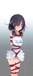 10s 1girl apron arms_behind_back bdsm black_hair blush bondage bound breasts crotch_rope kantai_collection morisova naked_apron red_eyes rope shibari solo taigei_(kancolle) twintails rating:Questionable score:48 user:danbooru