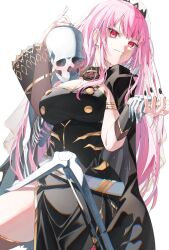  1girl 1other blush breasts crown head_grab holding_hands hololive hololive_english large_breasts long_hair mori_calliope nails pink_hair red_eyes saico_isshin skeleton skull smile virtual_youtuber white_background 