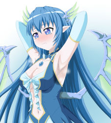  1girl armpits arms_behind_head arms_up blue_eyes blue_hair blush breasts cleavage dragon_girl dragon_tail dragon_wings dress dsc_103 elbow_gloves female_focus gem gloves gradient_background large_breasts leviathan_(zettai_bouei_leviathan) matching_hair/eyes midriff monster_girl navel pointy_ears simple_background solo sweat tail tears upper_body wavy_mouth wings zettai_bouei_leviathan  rating:Sensitive score:35 user:danbooru