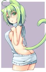 1girl ahoge animal_ears ass backless_dress backless_outfit bare_back blush breasts butt_crack cat_ears cat_tail chestnut_mouth cowboy_shot dodome-iro_mayonnaise dress from_side green_eyes green_hair grey_background hair_between_eyes halterneck hand_on_own_chest hand_up large_breasts looking_at_viewer meme_attire naked_sweater no_bra no_panties original parted_lips ribbed_sweater sharon_(dodomayo) short_hair sideboob simple_background solo sweater sweater_dress tail turtleneck turtleneck_sweater virgin_killer_sweater