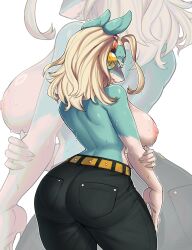  1girl absurdres animal_ears ass back belt biting_own_lip black_pants blonde_hair blue_eyes boku_no_hero_academia breasts curvy embarrassed hairband highres huge_ass huge_breasts insouwu ippan_josei long_hair nipples pants pocket solo sweat thick_thighs thighs tight_clothes tight_pants topless white_background wide_hips zoom_layer 