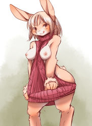  1girl blonde_hair breasts female_focus furry furry_female gradient_background nipples rabbit red_eyes setouchi_kurage short_hair solo white_background  rating:Questionable score:5 user:KemonoLover96