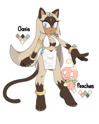  1girl absurdres animal_ears anklet armlet bad_source bare_shoulders barefoot blue_eyes bracelet breasts cat cat_ears cat_tail chao_(sonic) character_sheet cleavage english_text highres jewelry large_breasts long_hair necklace oasis_(seeslugs) original sandopoliszone sonic_(series) tail third-party_edit third-party_watermark 