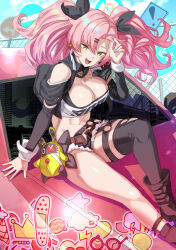  1girl bare_shoulders belt black_shorts black_thighhighs blush breasts car chain-link_fence cleavage crop_top cutoffs earrings fence hair_ornament hairclip highres jewelry large_breasts long_hair long_sleeves looking_at_viewer midriff mole mole_on_breast motor_vehicle navel nicole_demara pink_hair short_shorts shorts single_thighhigh sitting smile solo strapless thigh_strap thighhighs thighs tube_top two_side_up uenoryoma yellow_eyes zenless_zone_zero 