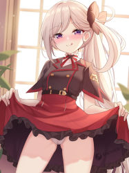  1girl bangs black_bow black_jacket blue_archive blush bow cameltoe curtains eyebrows_visible_through_hair frilled_skirt frills hair_bow high-waist_skirt highres icwine indoors jacket licking_lips lifted_by_self long_hair mutsuki_(blue_archive) neck_ribbon panties ponytail purple_eyes red_ribbon red_skirt ribbon shirt side_ponytail silver_hair skirt skirt_lift solo standing tongue tongue_out underwear very_long_hair white_panties white_shirt window 