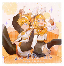  1boy 1girl \n/ black_pants black_shirt black_skirt black_thighhighs blonde_hair blue_eyes bow brother_and_sister closed_mouth commentary_request couch dan_ji detached_sleeves frilled_skirt frills hair_bow hair_ornament hairclip happy_birthday headphones index_finger_raised kagamine_len kagamine_rin long_sleeves looking_at_viewer on_couch open_mouth pants shirt siblings sitting skirt sleeveless sleeveless_shirt smile thighhighs vocaloid white_bow white_shirt white_sleeves 