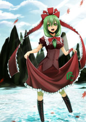  1girl bad_id bad_pixiv_id bisuke_(k_step2009) boots cross-laced_footwear female_focus front_ponytail green_eyes green_hair hair_ornament hair_ribbon highres k_step2009 kagiyama_hina knee_boots lace-up_boots matching_hair/eyes open_mouth ribbon skirt_hold solo touhou wading 