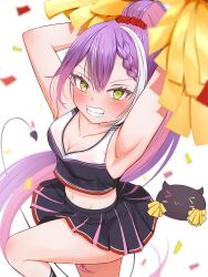  &gt;_&lt; absurdres aresiasitennou armpits arms_up bibi_(tokoyami_towa) black_shirt black_skirt blurry blurry_background blush blush_stickers breasts cheerleader cleavage clenched_teeth collarbone confetti crop_top crossed_bangs demon_girl demon_tail from_above green_eyes heart heart_tattoo high_ponytail highres hololive leg_tattoo long_hair looking_up navel panties parted_bangs pleated_skirt pom_pom_(cheerleading) purple_hair shirt simple_background skirt tail tank_top tattoo teeth tokoyami_towa underwear very_long_hair virtual_youtuber white_background white_panties 