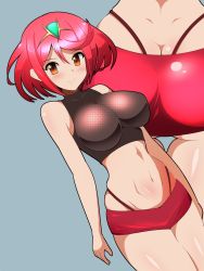  1girl arms_at_sides ass bare_arms bare_shoulders blue_background blush breasts butt_crack closed_mouth commentary_request cowboy_shot crop_top dimples_of_venus harubato headpiece highres impossible_clothes large_breasts looking_at_viewer lower_body multiple_views navel nintendo pyra_(xenoblade) red_eyes red_hair red_shorts short_hair short_shorts shorts simple_background skindentation sleeveless smile standing stomach tareme thigh_gap thighs thong xenoblade_chronicles_(series) xenoblade_chronicles_2  rating:Sensitive score:64 user:danbooru