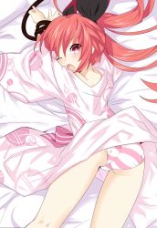 10s 1girl absurdres bad_id bad_pixiv_id black_ribbon colorized date_a_live from_above hair_between_eyes hair_ribbon highres itsuka_kotori japanese_clothes kimono long_hair looking_at_viewer looking_back lying on_stomach open_mouth panties qing_cui red_eyes red_hair restrained ribbon solo striped_clothes striped_panties underwear very_long_hair rating:Sensitive score:64 user:danbooru