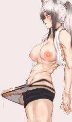  1futa animal_ears arknights breasts bulge erection erection_under_clothes female_pubic_hair futanari grey_background highres large_testicles masso_nullbuilt medium_breasts muscular muscular_female nipples penis precum pubic_hair schwarz_(arknights) see-through simple_background solo testicles topless towel uncensored white_hair wolf_ears  rating:Explicit score:549 user:TDogarooski