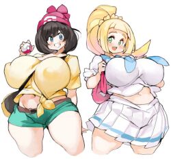  2girls breasts creatures_(company) game_freak large_breasts lillie_(pokemon) multiple_girls nintendo pokemon pokemon_sm sachito selene_(pokemon) thick_thighs thighhighs thighs wide_hips 