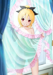  1girl black_ribbon blonde_hair blurry blush braid breasts collarbone commentary completely_nude covered_navel crown_braid curtains depth_of_field double-parted_bangs eyelashes feet_out_of_frame felt_(re:zero) fingernails frilled_curtains gibun_(sozoshu) grin hair_between_eyes hair_ribbon hands_up highres holding_curtain indoors looking_at_viewer medium_hair nude outstretched_hand ponytail re:zero_kara_hajimeru_isekai_seikatsu red_eyes ribbon see-through see-through_curtains sidelighting small_breasts smile solo standing sunlight tareme thighs 