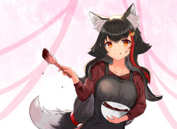  1girl :q alternate_costume animal_ear_fluff animal_ears apron ayataka_(milk9tomo) black_apron black_hair cooking highres hololive licking_lips long_hair looking_at_viewer low-tied_long_hair multicolored_hair ookami_mio red_hair red_sweater solo spatula streaked_hair sweater tongue tongue_out valentine virtual_youtuber wolf_ears yellow_eyes  rating:Sensitive score:4 user:Mr.Randum