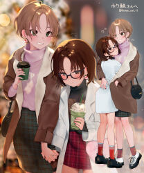  2girls absurdres antenna_hair bag blurry blurry_background breath brown_eyes brown_hair character_request coat coffee_cup cold commentary_request cup disposable_cup drinking_straw earrings frappuccino full_body glasses green_eyes grey_sweater grin hand_on_another&#039;s_back handbag heart height_difference highres holding holding_cup holding_hands hug interlocked_fingers jewelry jiishiki_kajou_(ukagaka) lab_coat light_brown_hair long_sleeves medium_hair multiple_girls nail_art nail_polish nikubou_maranoshin pink_sweater plaid plaid_skirt shoes skirt smile socks standing sweater translation_request turtleneck turtleneck_sweater twitter_username ukagaka wavy_mouth yuri 