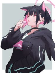  1girl animal_ears black_choker black_hair blue_archive cat_ears cat_girl choker commentary fang food hair_ornament hairclip halo hand_in_pocket highres holding holding_food hood hood_down hooded_jacket jacket kazusa_(blue_archive) long_sleeves looking_at_viewer macaron pink_hair red_eyes short_hair simple_background solo spmkwy track_jacket two-tone_background 