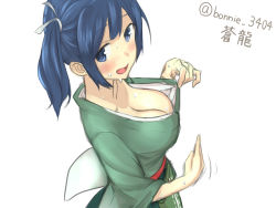  10s 1girl baffu blue_eyes blue_hair blush breasts cleavage collarbone dripping fanning_face fanning_self female_focus from_above from_side highres hot japanese_clothes kantai_collection kimono kimono_pull large_breasts looking_at_viewer matching_hair/eyes open_mouth short_hair simple_background sketch solo souryuu_(kancolle) sweat twintails twitter_username upper_body white_background  rating:Questionable score:21 user:danbooru