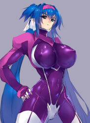 1girl blue_eyes blue_hair bodysuit breasts covered_erect_nipples covered_navel hand_on_own_hip headband klan_klein large_breasts long_hair macross macross_frontier multicolored_bodysuit multicolored_clothes negresco pointy_ears purple_bodysuit smile solo twintails upper_body very_long_hair zentradi 