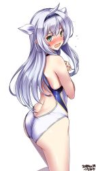 1girl artist_name ass back commentary_request competition_swimsuit covered_navel cowboy_shot dated flat_chest green_eyes hair_between_eyes hair_ribbon hairband highres long_hair looking_at_viewer one-piece_swimsuit open_mouth ribbon rokudenashi_majutsu_koushi_to_akashic_record silver_hair simple_background sistine_fibel solo standing swimsuit tears tsuchimiya wavy_mouth white_background white_ribbon white_one-piece_swimsuit rating:Sensitive score:40 user:danbooru