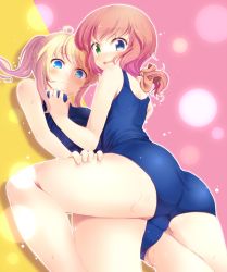 2girls ass bad_id bad_pixiv_id blonde_hair blue_eyes blush grabbing_another&#039;s_breast breast_press breasts cornet_mariveninne dutch_angle esia_mariveninne girl_on_top grabbing heterochromia highres incest komone_ushio looking_at_viewer looking_back lying multiple_girls one-piece_swimsuit open_mouth original pink_hair school_swimsuit siblings side_ponytail sisters small_breasts swimsuit trefoil tribadism yuri rating:Questionable score:59 user:danbooru
