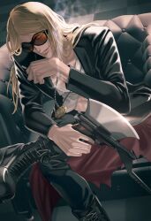  1boy bevel black_jacket black_nails blonde_hair cigarette coat fate/grand_order fate_(series) flapper_shirt gold_necklace highres holding holding_cigarette jacket jewelry long_hair looking_at_viewer male_focus medallion necklace open_clothes open_jacket orange-tinted_eyewear shirt smile solo sunglasses tezcatlipoca_(fate) tinted_eyewear trench_coat white_shirt 