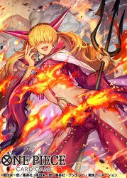  1girl cape commentary_request copyright_name earrings embers fire hair_over_eyes holding_trident jewelry long_hair o-ring official_art one_piece one_piece_card_game orange_hair phima polearm red_lips revealing_clothes sadi-chan smile smoke solo trident weapon 