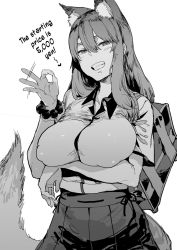 10s 1girl animal_ears breast_hold breasts fate/extra fate/grand_order fate_(series) fox_ears fox_tail greyscale grin hair_between_eyes handjob_gesture hard-translated highres large_breasts long_hair looking_at_viewer monochrome oosawara_sadao skirt smile solo suzuka_gozen suzuka_gozen_(fate) tail third-party_edit translated rating:Questionable score:61 user:ultrablue