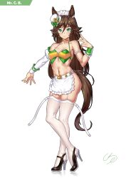  1girl adapted_costume animal_ears apron arm_strap bad_id bad_pixiv_id bare_shoulders belt breasts brown_hair character_name clothing_request commentary_request crossed_legs full_body garter_straps ge_(zmq67911029) gold_choker green_eyes hair_between_eyes hair_ornament hairclip hat high_heels horse_ears horse_girl horse_tail long_hair maid maid_headdress mini_hat mini_top_hat mr._c.b._(umamusume) navel signature simple_background single_sleeve single_wrist_cuff small_breasts smile solo standing tail thighhighs top_hat umamusume unconventional_maid very_long_hair white_apron white_background white_belt white_garter_straps white_hat white_thighhighs wrist_cuffs 