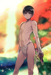  1boy axis_powers_hetalia black_eyes black_hair blurry blurry_background crotch expressionless fundoshi gloves highres himaruya_hidekazu holding holding_sword holding_weapon japan_(hetalia) japanese_clothes katana lake looking_to_the_side male_focus nature nipples official_art outdoors scenery short_hair sword topless_male tree wading weapon white_gloves 