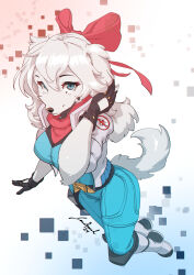  1girl animal_nose bandana bandana_around_neck black_gloves blue_bodysuit blue_eyes bodysuit boots bow breasts closed_mouth cropped_jacket dog_girl dog_tail fay_spaniel furry furry_female gloves gradient_background hair_bow headset highres holster holstered jacket jecbrush looking_at_viewer medium_breasts nintendo open_clothes open_jacket patch pilot_suit red_bandana red_bow shoulder_patch signature snout solo star_fox star_fox_2 tail white_hair white_jacket 
