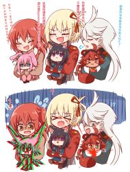 &gt;_&lt; 2koma 6+girls :/ :3 :d :o ^^^ ahoge angry animal_ears asymmetrical_hair blonde_hair blue_eyes blush bob_cut bocchi_the_rock! bow carrying carrying_person carrying_under_arm cat_ears cat_girl cat_tail chibi chinese_commentary chinese_text closed_eyes comic commentary_request crossover crushing cube_hair_ornament diamond_mouth embarrassed empty_eyes explosion food glitch gloom_(expression) gotoh_hitori gundam gundam_aerial_slap_(meme) gundam_suisei_no_majo hair_between_eyes hair_bow hair_ornament hanging happy headband highres hug inoue_takina juice jx2_(jennyiq) kemonomimi_mode kita_ikuyo long_hair looking_at_another looking_away looking_down looking_to_the_side looking_up lycoris_recoil lycoris_uniform medium_hair meme miorine_rembran mixed-language_commentary multiple_crossover multiple_girls nishikigi_chisato open_mouth ponytail rabbit_ears rabbit_girl raccoon_ears raccoon_girl raccoon_tail red_eyes red_hair scared school_uniform serafuku shaded_face short_hair shuka_high_school_uniform side_ponytail sidelocks smile splashing suletta_mercury tail tomato tomato_juice translation_request tsundere upper_body wavy_mouth white_hair worried x3 yellow_eyes yuri