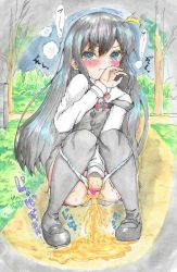 1girl asashio_(kancolle) ass black_hair blue_eyes blush censored hand_on_own_face highres kantai_collection outdoors panties panty_pull park pee_stain peeing public_indecency puddle pussy school_uniform solo squatting tears underwear rating:Explicit score:6 user:akarin_akari