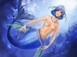 1girl aqua_eyes bad_id bad_pixiv_id belt black_nails blue_background blue_eyes blue_hair blue_theme bracelet breasts completely_nude fins head_fins itou_youichi jewelry light_smile lips looking_up matching_hair/eyes mermaid monster_girl nail_polish navel nipples nude nudist pendant scales short_hair skinny_dipping smile solo swimming underwater water wide_hips zenra rating:Questionable score:44 user:danbooru