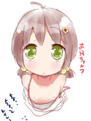 1girl ahoge blush brown_hair collarbone downblouse eyebrows flat_chest flying_sweatdrops green_eyes hachi_(orange) hair_bobbles hair_ornament hairpin have_to_pee loli looking_at_viewer nipples off_shoulder original short_twintails small_nipples solo source_request tareme translated twintails rating:Questionable score:59 user:danbooru