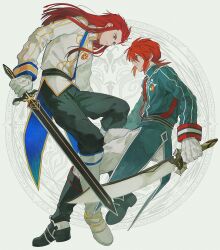  2boys asch_(tales) belt black_footwear black_pants blue_jacket boots closed_mouth commentary_request from_side full_body gloves green_eyes hair_slicked_back high_collar highres holding holding_sword holding_weapon jacket knee_boots long_hair long_sleeves looking_at_another luke_fon_fabre male_focus meba multiple_boys official_alternate_hair_length official_alternate_hairstyle pants red_hair short_hair sidelocks spiked_hair straight_hair sword tales_of_(series) tales_of_the_abyss weapon white_footwear white_gloves white_jacket white_pants 