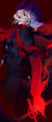  1boy antonio_salieri_(fate) antonio_salieri_(second_ascension)_(fate) cross evil_grin evil_smile fate/grand_order fate_(series) formal grin highres jasminetee medallion red_background red_eyes scarf sharp_teeth smile striped_suit suit sword teeth transformation weapon white_hair 