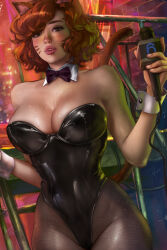 1girl absurdres animal_ears april_o&#039;neil black_bow black_bowtie black_leotard bow bowtie breasts brown_eyes brown_hair cat_ears cat_girl cat_tail cleavage collar detached_collar facial_mark highres holding holding_microphone large_breasts leotard logan_cure medium_breasts microphone nontraditional_playboy_bunny pantyhose parted_lips solo strapless strapless_leotard sweat tail teenage_mutant_ninja_turtles whisker_markings white_collar white_wrist_cuffs wrist_cuffs