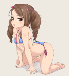  1girl alternate_costume alternate_hairstyle arched_back ass bare_shoulders barefoot bikini blue_bikini breasts brown_eyes brown_hair covered_erect_nipples drill_hair feet full_body hair_ribbon idolmaster idolmaster_(classic) long_hair looking_at_viewer mamezou matching_hair/eyes micro_bikini minase_iori polka_dot polka_dot_bikini ribbon side-tie_bikini_bottom simple_background small_breasts solo stomach swept_bangs swimsuit tongue tongue_out twin_drills twintails  rating:Questionable score:125 user:yuuu
