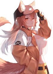  1girl :3 akuma_(st.takuma) animal_collar animal_ear_fluff animal_ears baseball_cap belt breasts brown_hair collar crop_top crop_top_overhang ears_through_headwear gloves gradient_hair hair_between_eyes hand_in_pocket hand_on_headwear hat highres jacket japanese_wolf_(kemono_friends) kemono_friends large_breasts long_hair long_sleeves looking_at_viewer midriff multicolored_hair official_alternate_costume open_clothes open_jacket pocket see-through_silhouette slit_pupils smile solo stomach tail white_hair wolf_ears wolf_girl wolf_tail 