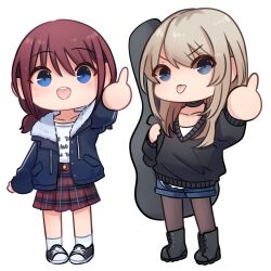  2girls black_footwear black_sweater blue_eyes blue_jacket blue_shorts brown_hair chibi commentary girls_band_cry grey_hair hashtag-only_commentary highres instrument_case iseri_nina jacket kawaragi_momoka long_hair low_twintails middle_finger multiple_girls open_clothes open_jacket pantyhose shirt short_hair shorts simple_background skirt socks sweater tongue tongue_out twintails two-tone_footwear udon-udon white_background white_footwear white_shirt white_socks 