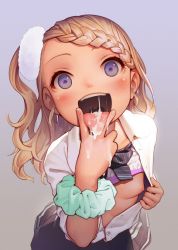 1girl blonde_hair blue_eyes blush breasts cum cum_in_mouth female_focus gyaru loli looking_at_viewer muk_(monsieur) nipples open_clothes open_mouth open_shirt simple_background skirt small_breasts smile solo tagme tongue tongue_out upper_body v yonic_symbol rating:Explicit score:970 user:Regden