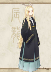  1girl absurdres antlers blonde_hair chinese_clothes chinese_zodiac duijin_ruqun english_text full_body hanfu highres horns jiaoling_ruqun long_hair looking_at_viewer original personification sleeves_past_wrists smile solo standing very_long_hair yellow_eyes you_hu_xiao_lang 