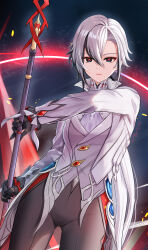  1girl absurdres arlecchino_(genshin_impact) black_eyes black_hair breasts coat cropped genshin_impact gloves grey_hair hair_between_eyes highres holding holding_polearm holding_weapon large_breasts long_hair long_sleeves looking_at_viewer mitsukayurie multicolored_hair polearm red_pupils solo streaked_hair symbol-shaped_pupils two-tone_hair upper_body weapon white_hair x-shaped_pupils 